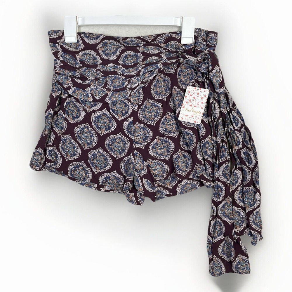 Free People All In A Dream High Waist Eggplant Paisley Print Wrap Shorts Size 6